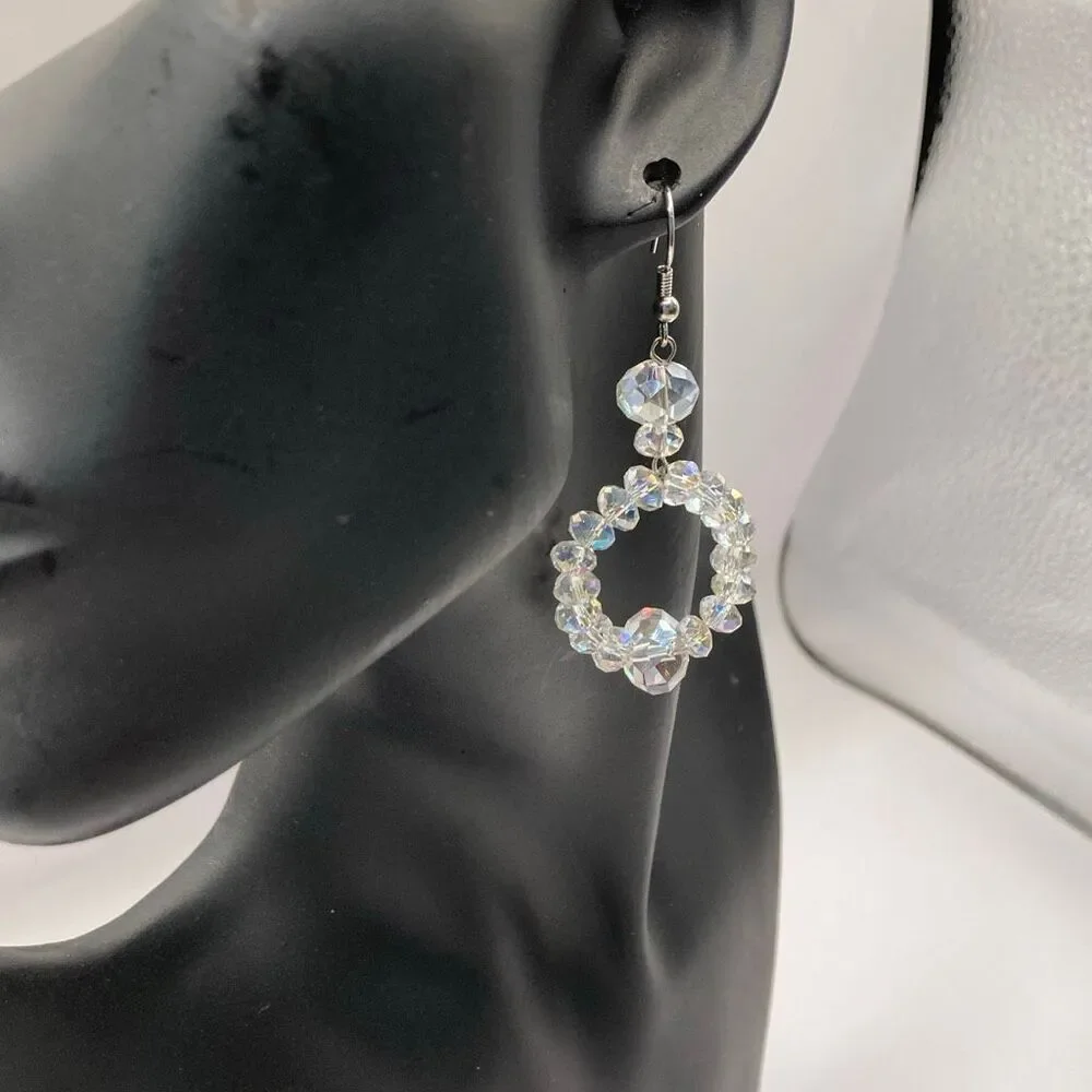Clear Crystal Beaded Hoop Drop Earrings Statement Jewelry